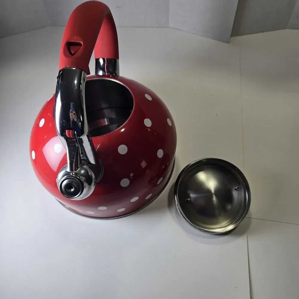 Retro Red Polka Dot Whistling Teakettle - Pristine Interior - Please Read